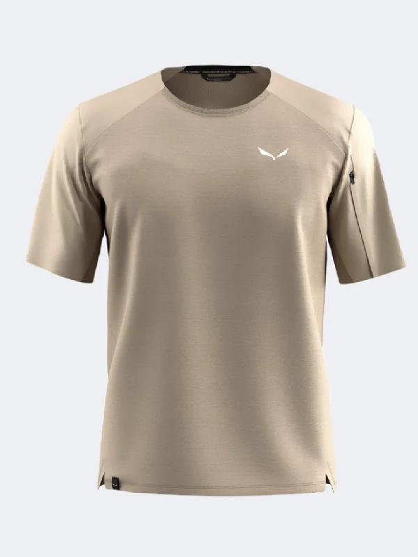 Punk T-Shirt for Men-Salewa Puez Alpine Merino Hybrid Men Hiking T-Shirt Beige Quicksand