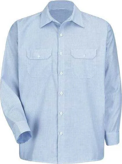 Satin Button Down Shirts for Men-Red Kap SL50L Deluxe Uniform Shirt Long Sizes - White Blue Pinstripe