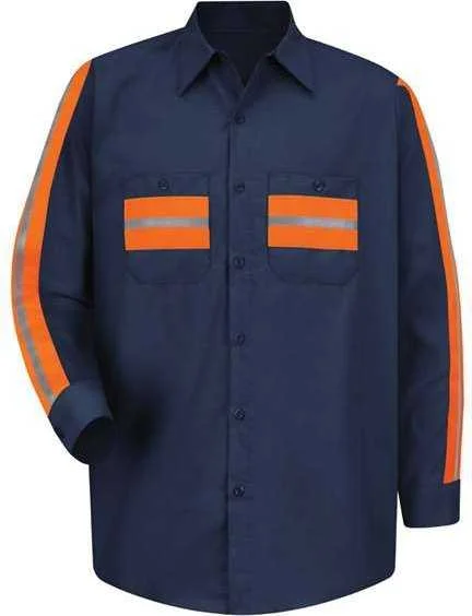 Printed Button Down Shirts for Women-Red Kap SP14E Industrial Enhanced-Visibility Long Sleeve Work Shirt - Navy Orange Trim