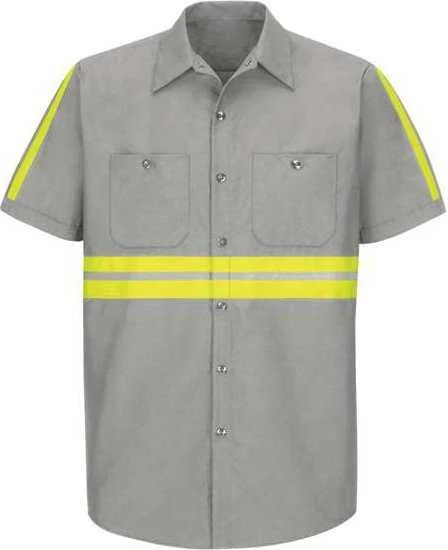 Checkered Button Down Shirts for Men-Red Kap SP24E Enhanced Visibility Industrial Work Shirt - Light Gray Yellow Trim