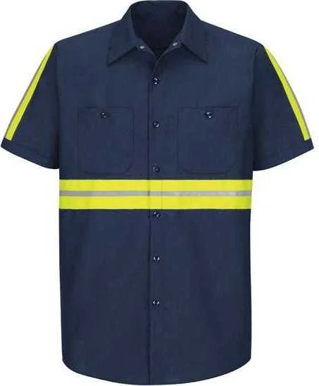 Affordable Button Down Shirts for Men-Red Kap SP24EL Enhanced Visibility Industrial Work Shirt Long Sizes - Navy Yellow Trim