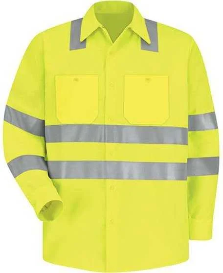 Red Kap SS14HV High Visibility Safety Long Sleeve Work Shirt - AB-Fluorescent Yellow Green