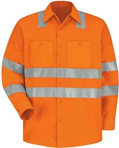 Cool Button Down Shirts for Women-Red Kap SS14HV High Visibility Safety Long Sleeve Work Shirt - OF-Fluorescent Orange