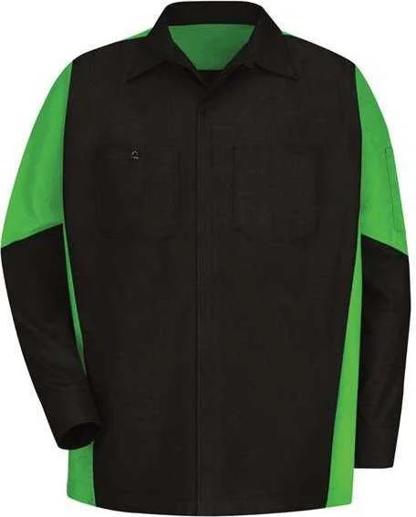 Bold Button Down Shirts for Men-Red Kap SY10L Long Sleeve Automotive Crew Shirt - Long Sizes - Black Lime