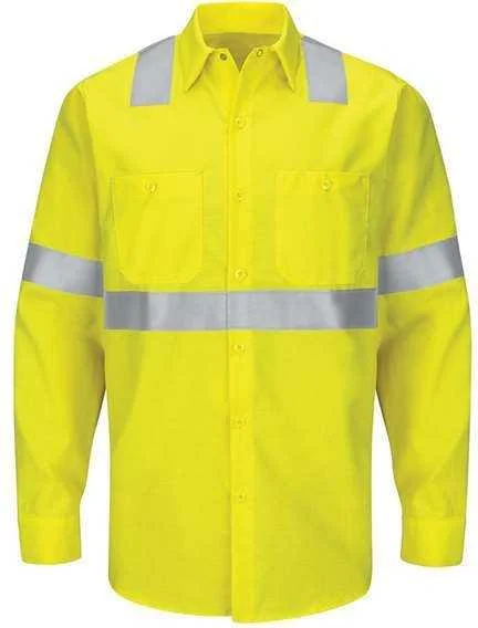 Work Button Down Shirts for Men-Red Kap SY14 Enhanced & Hi-Visibility Long Sleeve Work Shirt - HV-Fluorescent Yellow Green