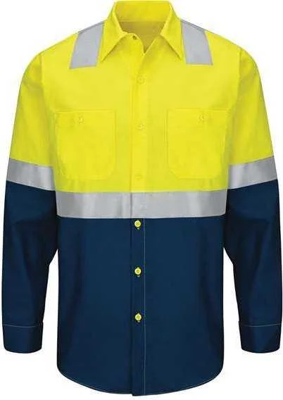 Business Casual Button Down Shirts for Women-Red Kap SY14L Enhanced & Hi-Visibility Long Sleeve Work Shirt - Long Sizes - Fluorescent Yellow Green Navy