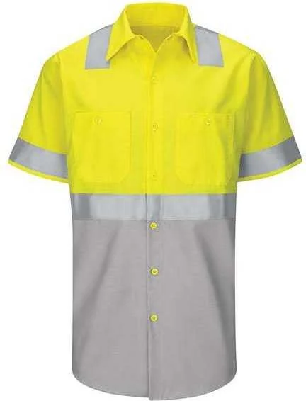 Organic Cotton Button Down Shirts for Women-Red Kap SY24L Enhanced & Hi-Visibility Work Shirt - Long Sizes - Fluorescent Yellow Green Gray