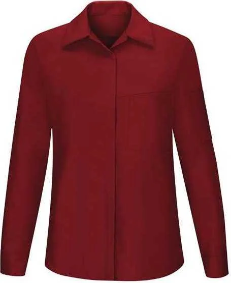 Wedding Button Down Shirts for Men-Red Kap SY31 Women's Performance Plus Long Sleeve Shop Shirt with Oilblok Technology - Fireball Red Charcoal