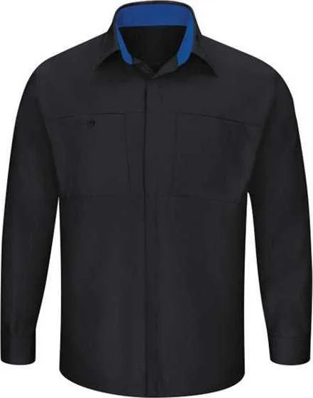 Striped Button Down Shirts for Women-Red Kap SY32 Performance Plus Long Sleeve Shirt with OilBlok Technology - Black Royal Blue