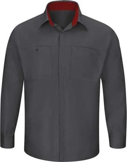 Night Out Button Down Shirts for Women-Red Kap SY32L Performance Plus Long Sleeve Shirt with OilBlok Technology - Long Sizes - Charcoal Fireball Red