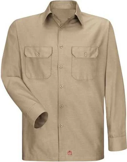 Budget Button Down Shirts for Men-Red Kap SY50L Ripstop Long Sleeve Shirt - Long Sizes - Khaki