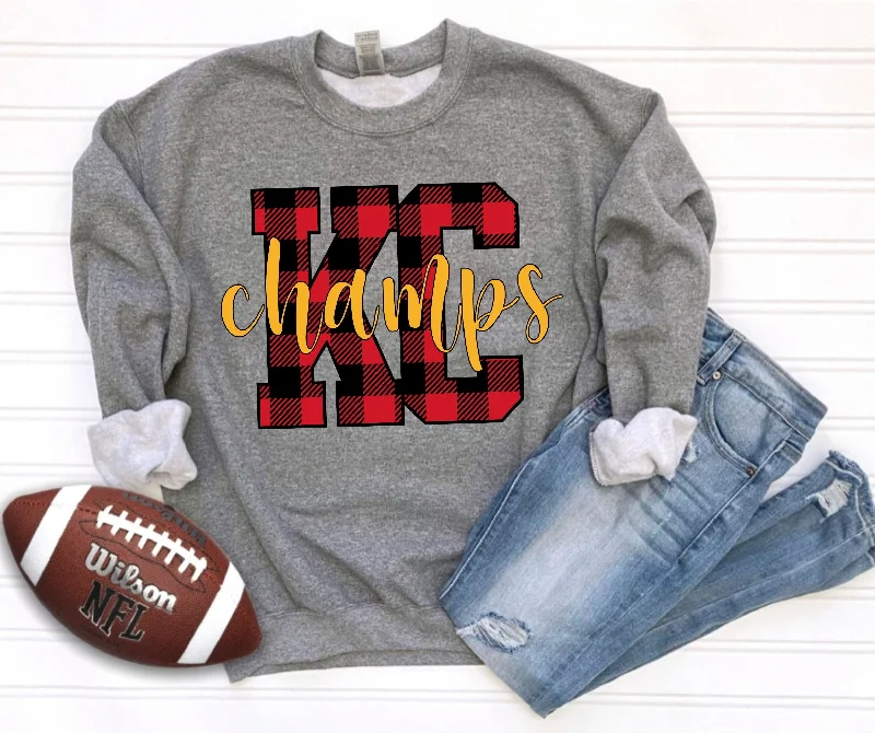 Long Sleeve Moisture Wicking Shirts-Buffalo Plaid KC Champs Grey Sweatshirt