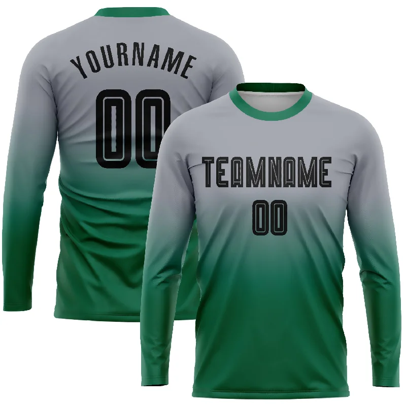 Long Sleeve Religious Shirts-Custom Gray Black-Kelly Green Sublimation Long Sleeve Fade Fashion Soccer Uniform Jersey