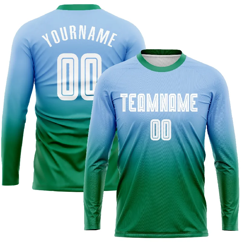 Long Sleeve Christian Shirts-Custom Light Blue White-Kelly Green Sublimation Long Sleeve Fade Fashion Soccer Uniform Jersey