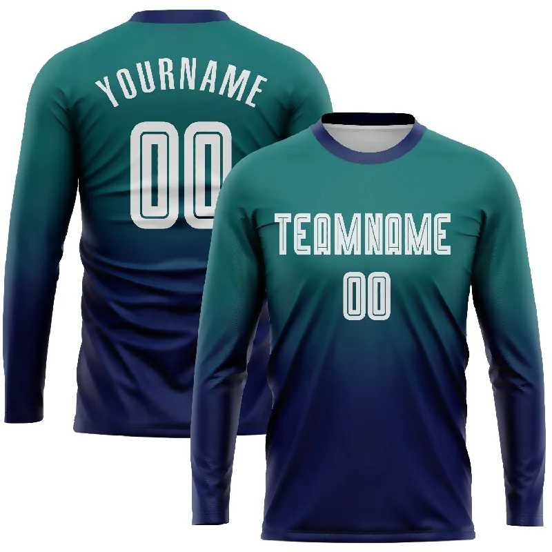 Long Sleeve Muslim Shirts-Custom Teal White-Navy Sublimation Long Sleeve Fade Fashion Soccer Uniform Jersey