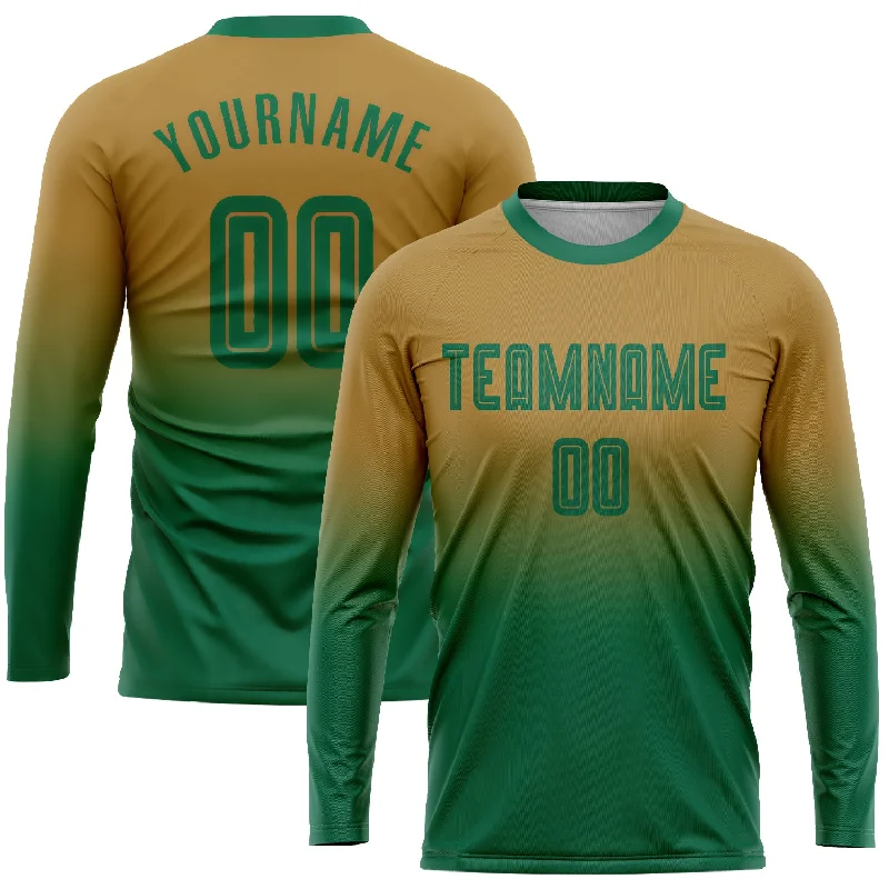 Long Sleeve Jewish Shirts-Custom Old Gold Kelly Green Sublimation Long Sleeve Fade Fashion Soccer Uniform Jersey