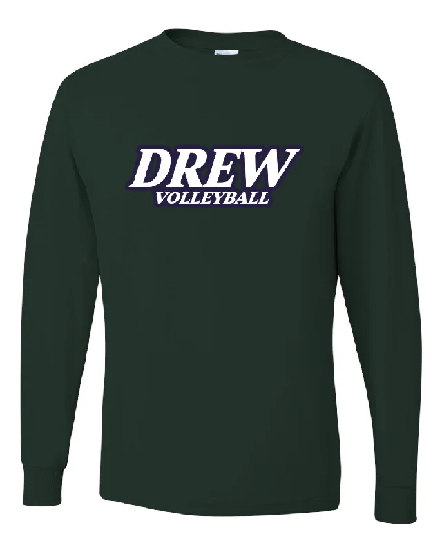 Long Sleeve Button Down Shirts-Drew Volleyball JERZEES - Dri-Power® Long Sleeve 50/50 T-Shirt - 29LSR w/ White & Navy V1 Design on Front.