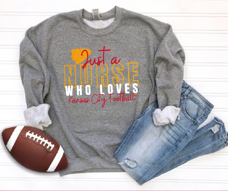 Long Sleeve Cotton T-Shirts-Just A Nurse Who Loves Kansas City Football Grey Sweatshirt