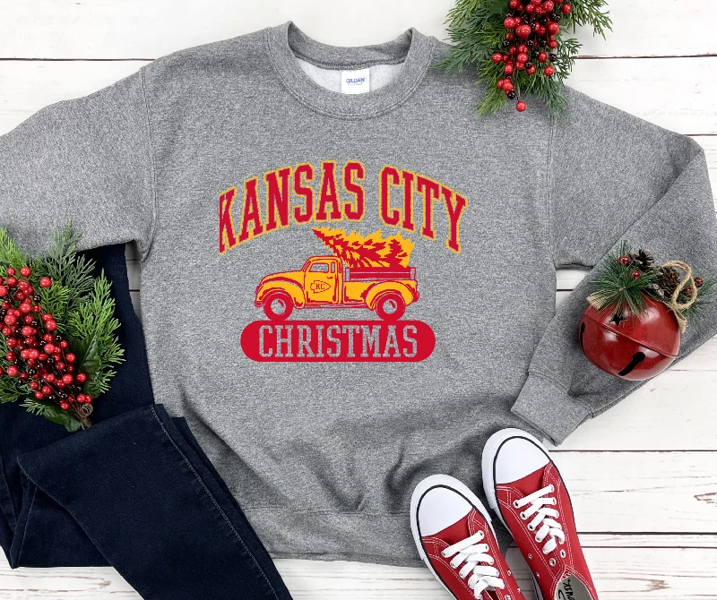 Long Sleeve Yoga Shirts-Kansas City Christmas Truck Grey Sweatshirt