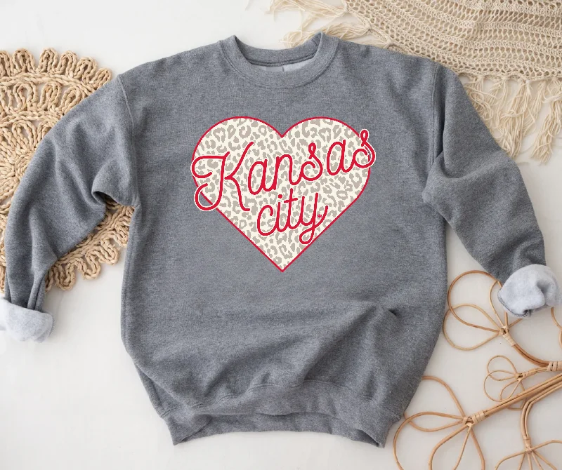 Long Sleeve Graphic T-Shirts-Kansas City Neutral Leopard Heart Grey Sweatshirt