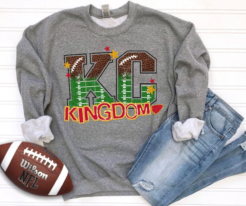 Long Sleeve Button Down Shirts-KC Kingdom Football Field Letters Grey Sweatshirt