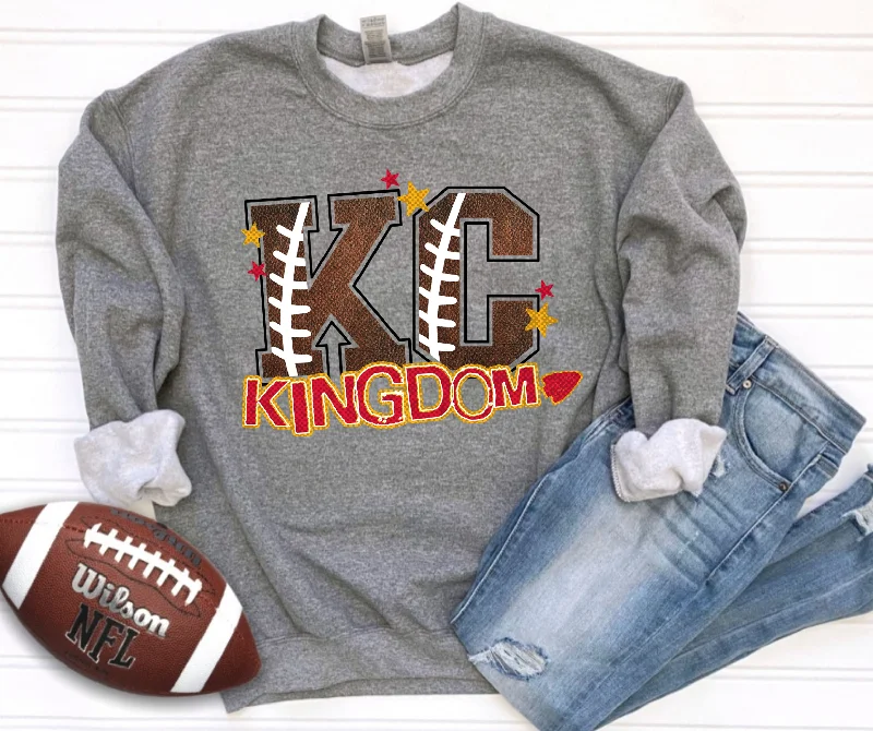 Long Sleeve Henley Shirts-KC Kingdom Football Letters Grey Sweatshirt