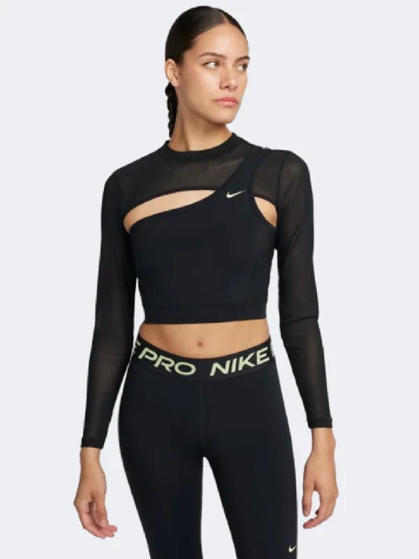 Long Sleeve Hooded Shirts-Nike Pro Women Training Long Sleeve Black/Light Lemon