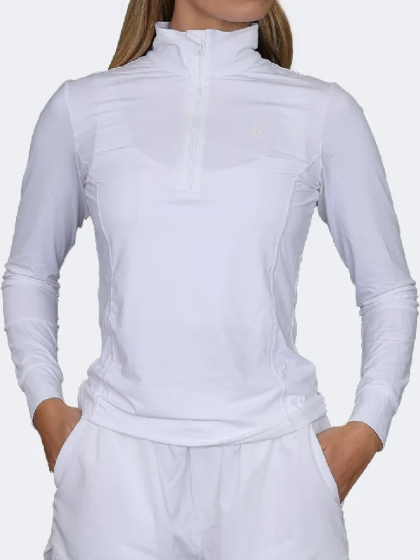 Long Sleeve Satin Shirts-Oil And Gaz Round Neck Half Zip Women Fitness Long Sleeve White