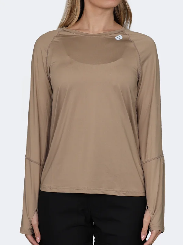 Long Sleeve Silk Shirts-Oil And Gaz Round Neck Women Fitness Long Sleeve  Beige