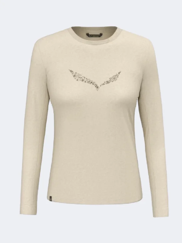 Long Sleeve Celestial Shirts-Salewa Solidlogo Dry Women Hiking Long Sleeve Beige Oatmeal