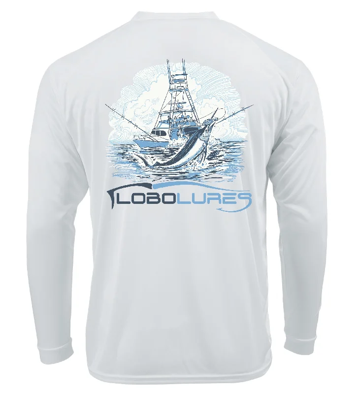 Long Sleeve Satin Shirts-Lobo Lures Never Back Down Sportfish Lifestyle Performance UPF50+ T-Shirt